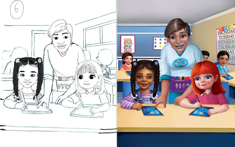 Children’s book illustration process from pencil sketch to refined line art to final CMYK color