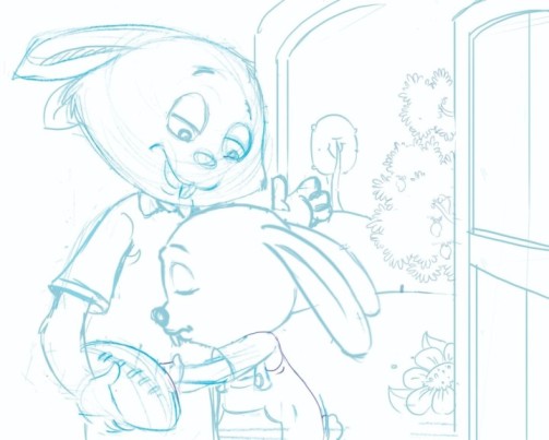 Approved pencil sketch of bunny family bedtime scene