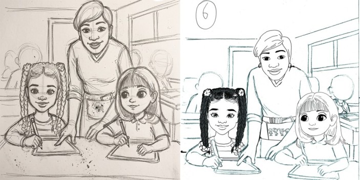 Children’s book storyboard: rough pencil layout versus refined line art for a two-page spread